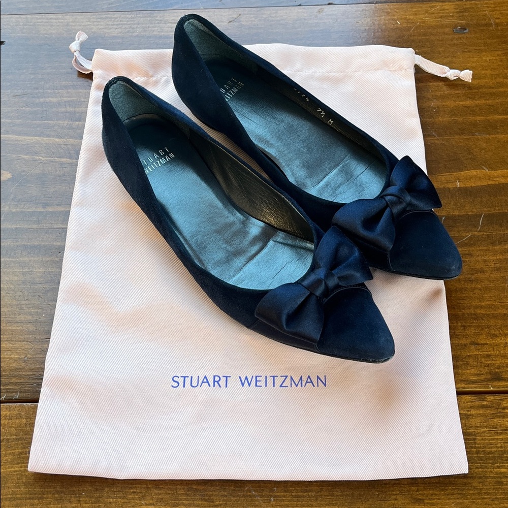 Stuart Weitzman Blue Suede Bow Flats Sz 7.5M